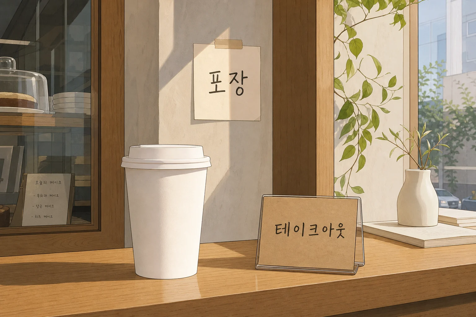 포장 と 테이크아웃 が見えるカフェカウンターのイラスト