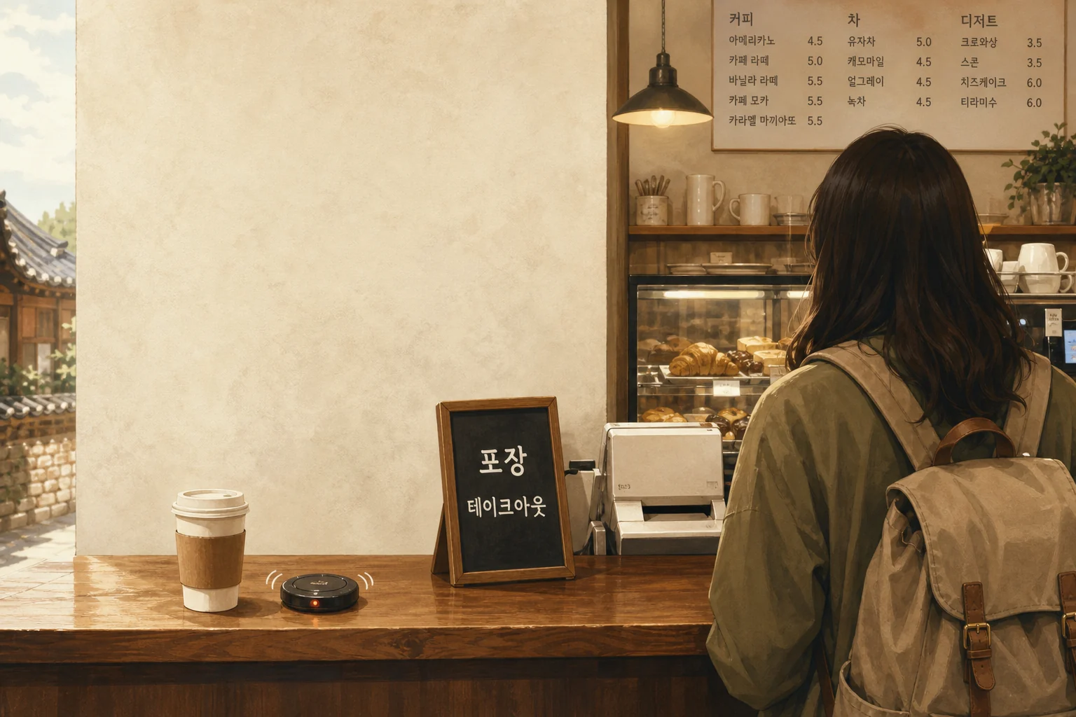韓国カフェのカウンターでテイクアウト注文をする旅行者のイラスト