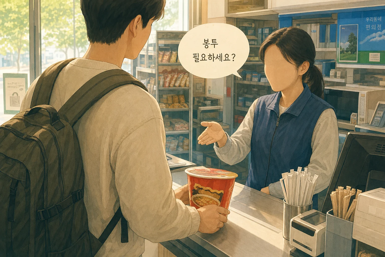 レジで 봉투 필요하세요 と聞かれる場面のイラスト