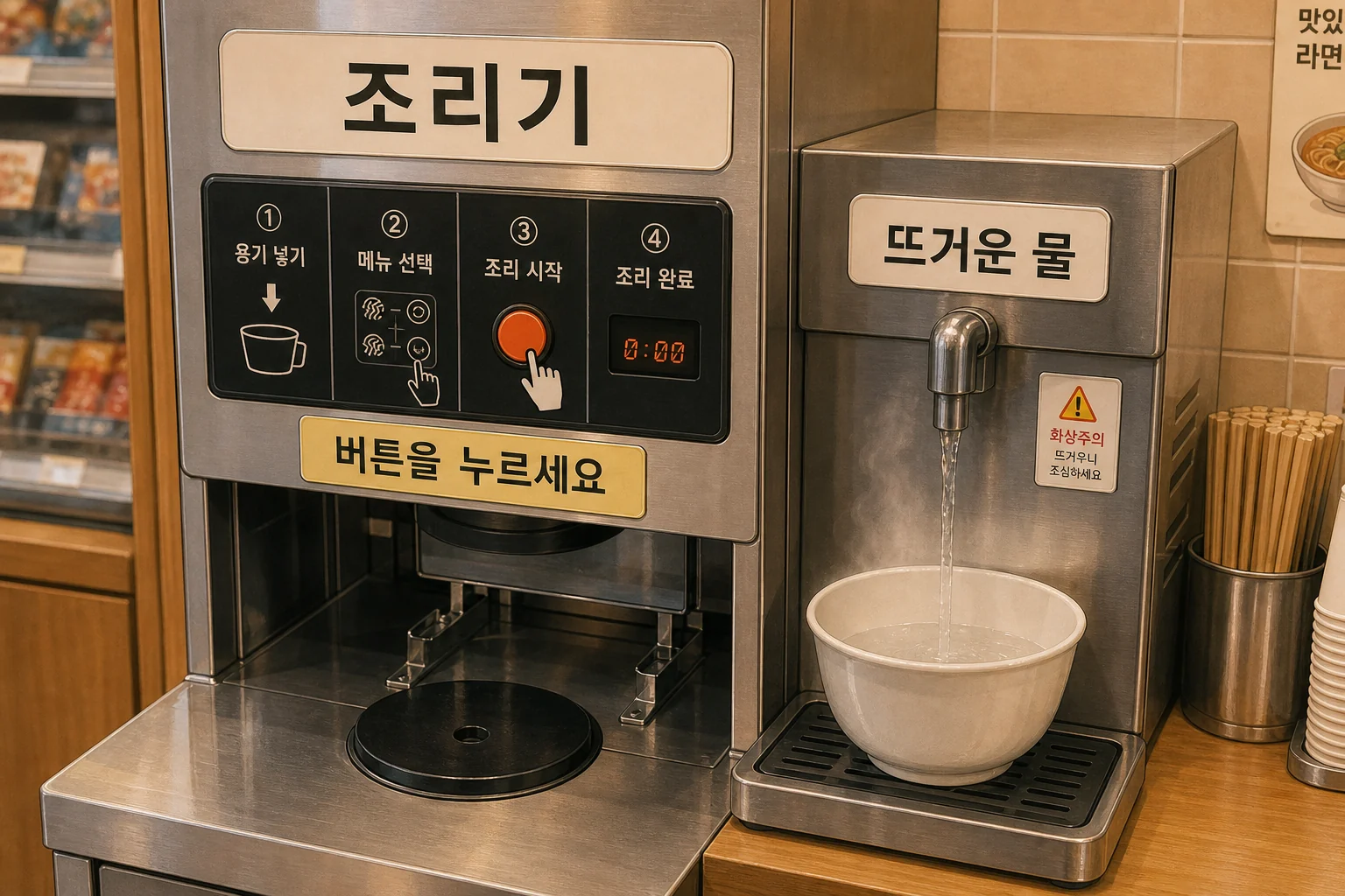 ラーメン調理機のボタンと 뜨거운 물 表示のイラスト