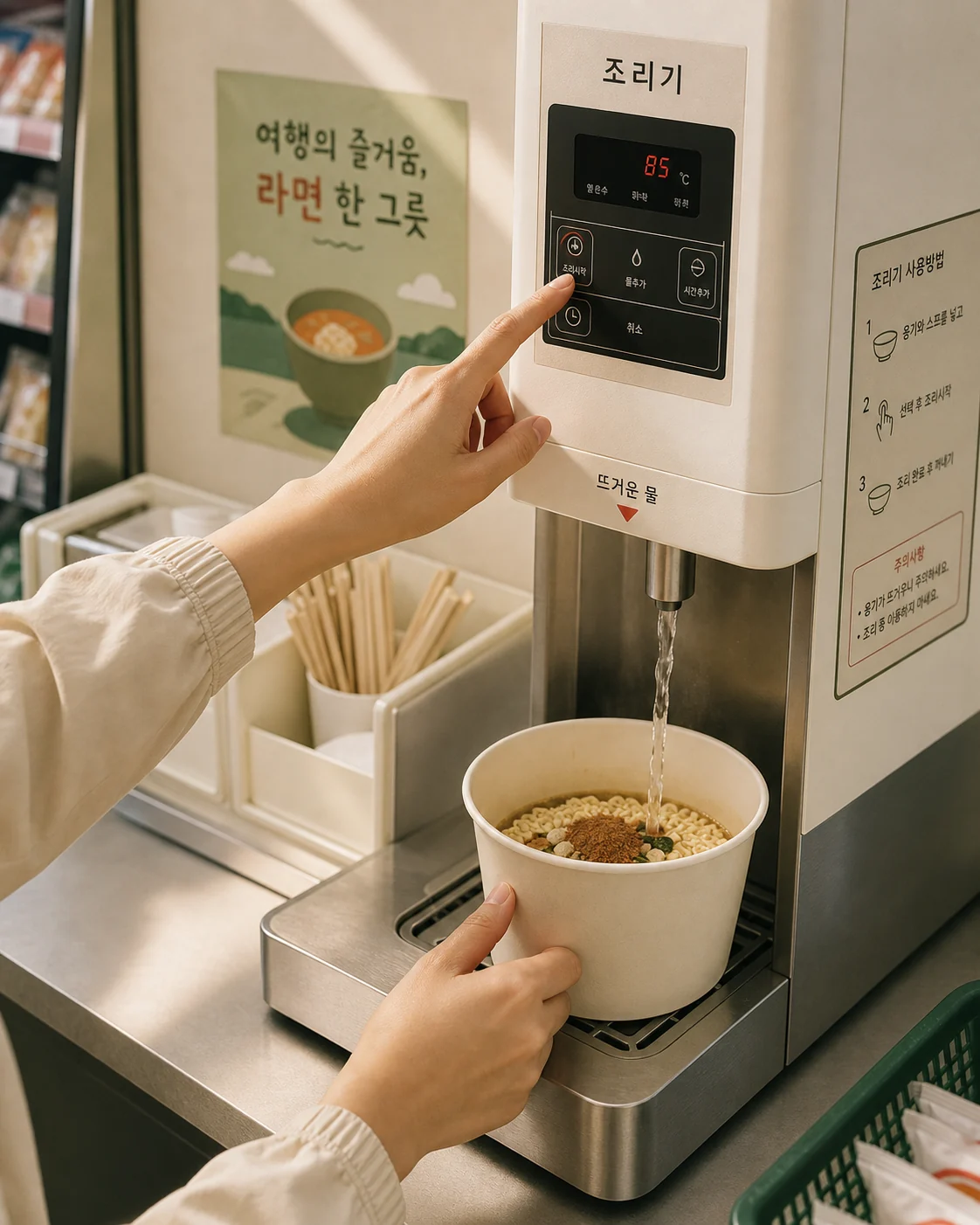 韓国コンビニのラーメン調理機と韓国語表示を見る旅行者のイラスト
