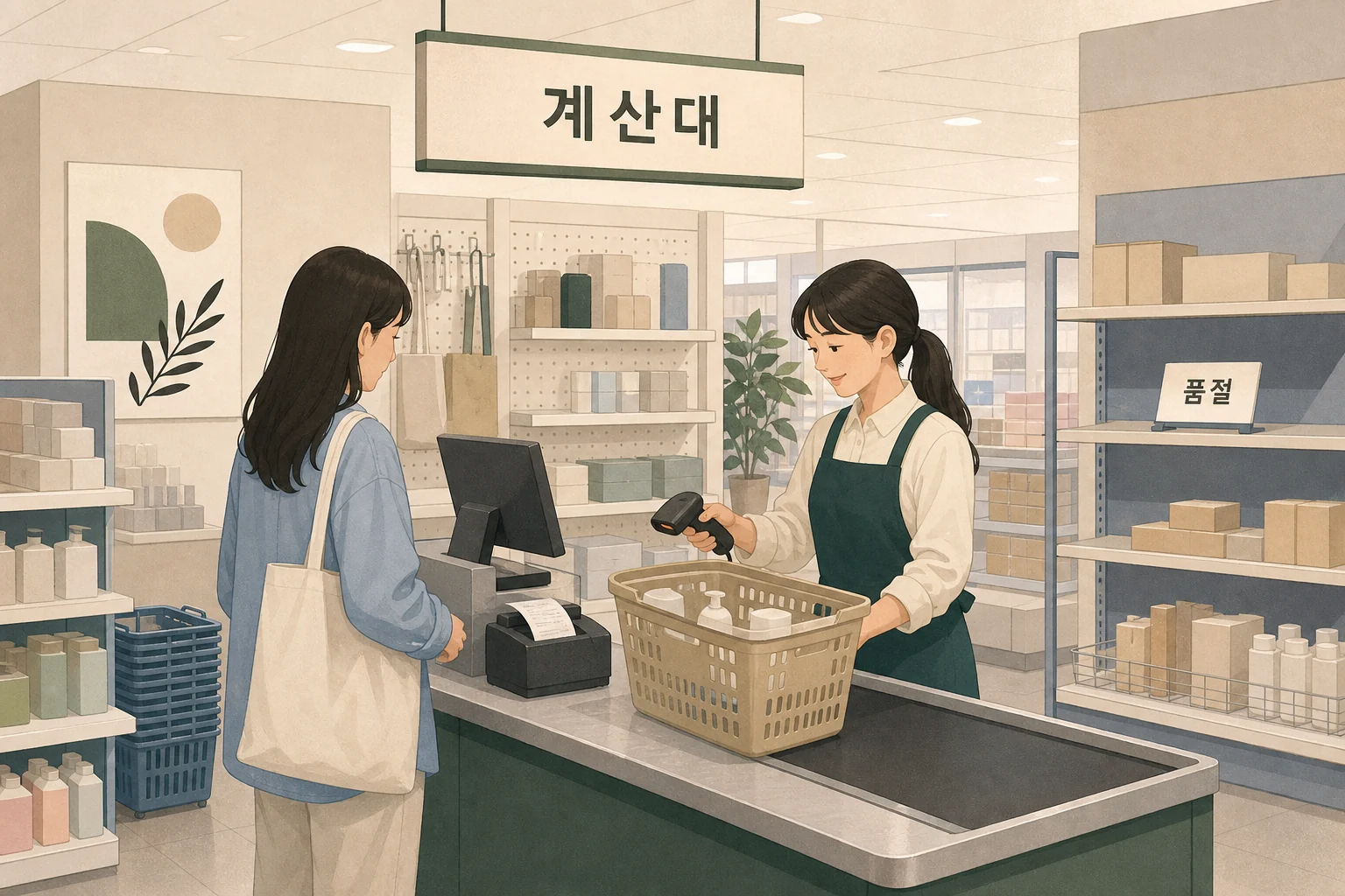 계산대 と 품절 表示がある店内のイラスト