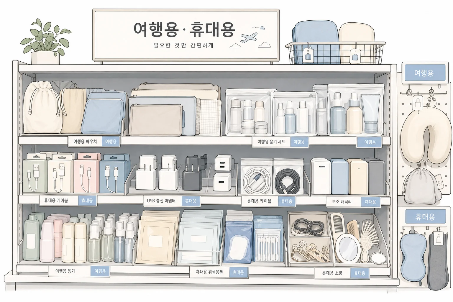 여행용 と 휴대용 が見える旅行用品棚のイラスト