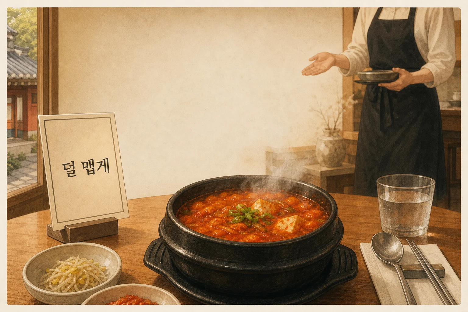 韓国の食堂で辛さ控えめをお願いする場面のイラスト