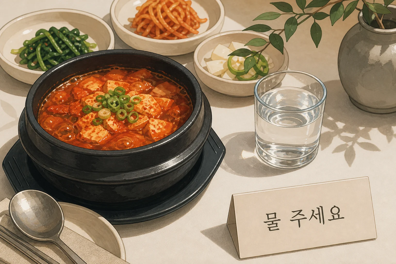 辛い料理と 물 주세요 の場面のイラスト