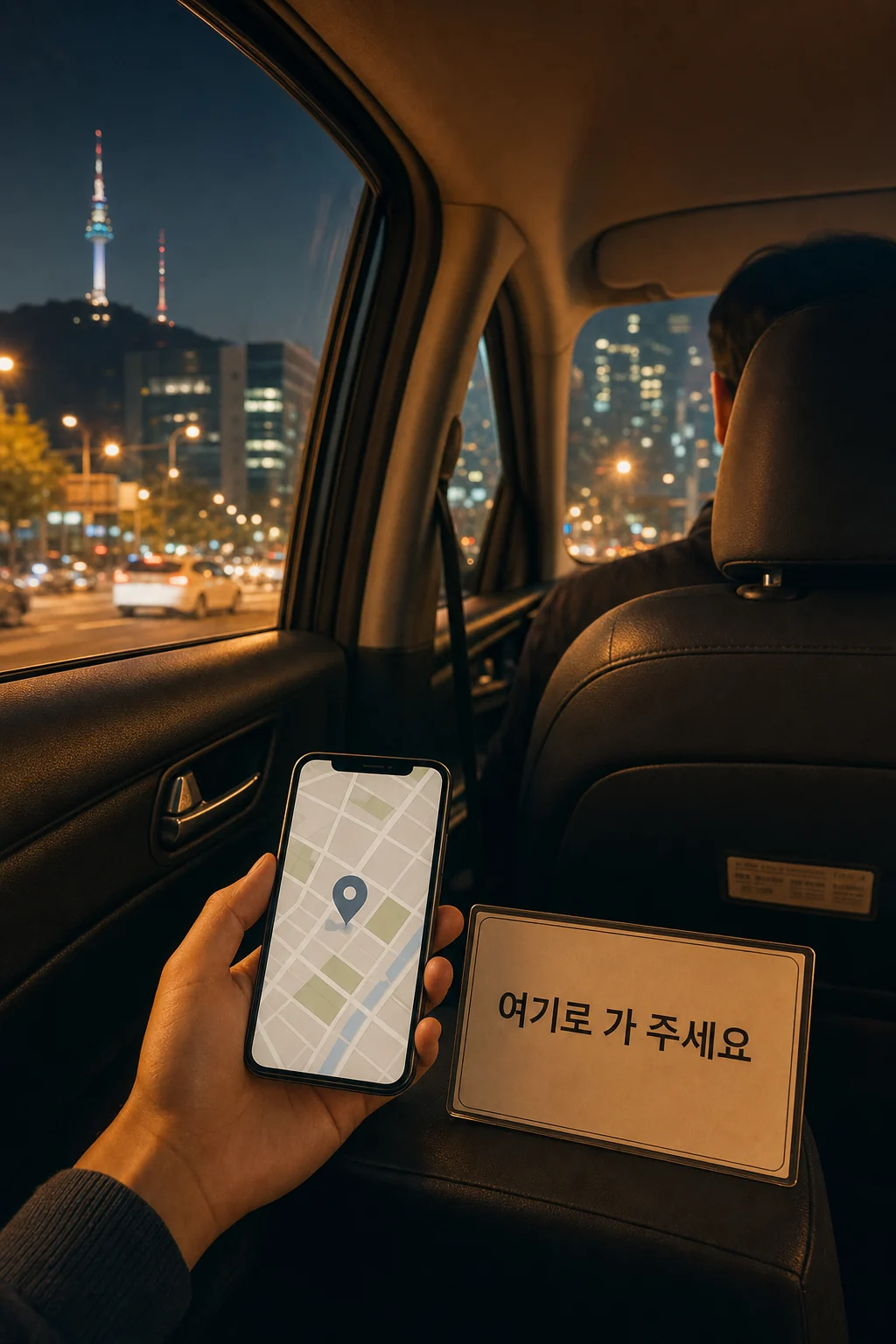 韓国タクシーで地図を見せながら目的地を伝える旅行者のイラスト