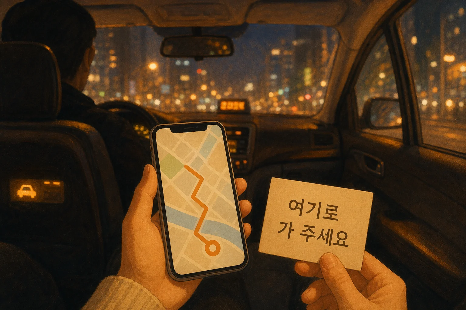 地図を見せて 여기로 가 주세요 と伝える手元のイラスト