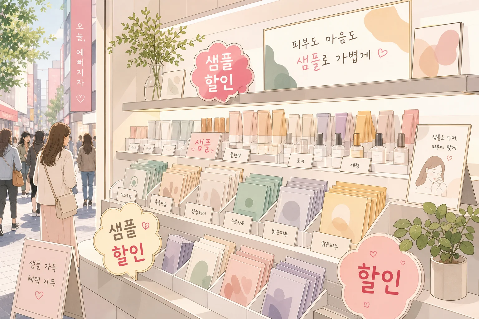 샘플 と 할인 の案内がある売り場POPのイラスト