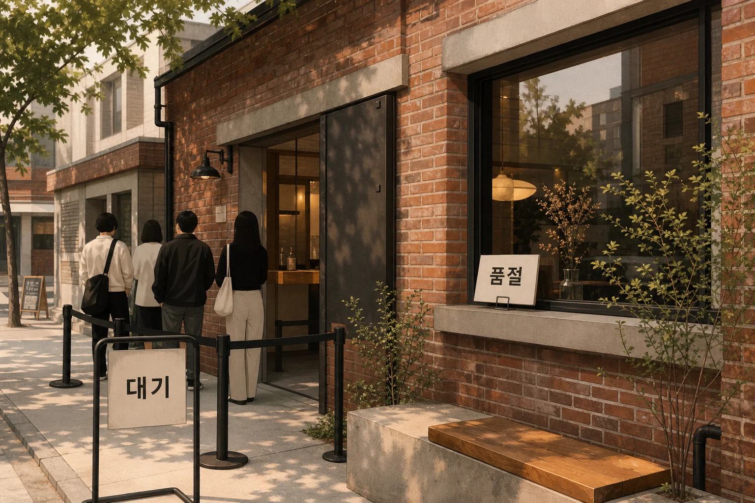 대기 と 품절 の表示がある聖水カフェ前のイラスト