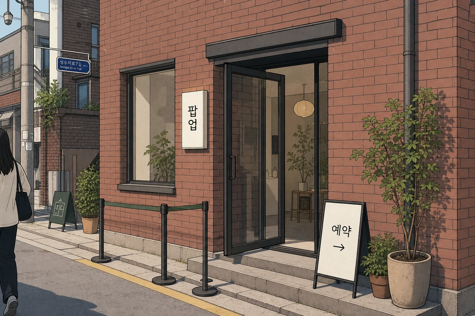 성수 のポップアップ店で 팝업 と 예약 表示を見るイラスト