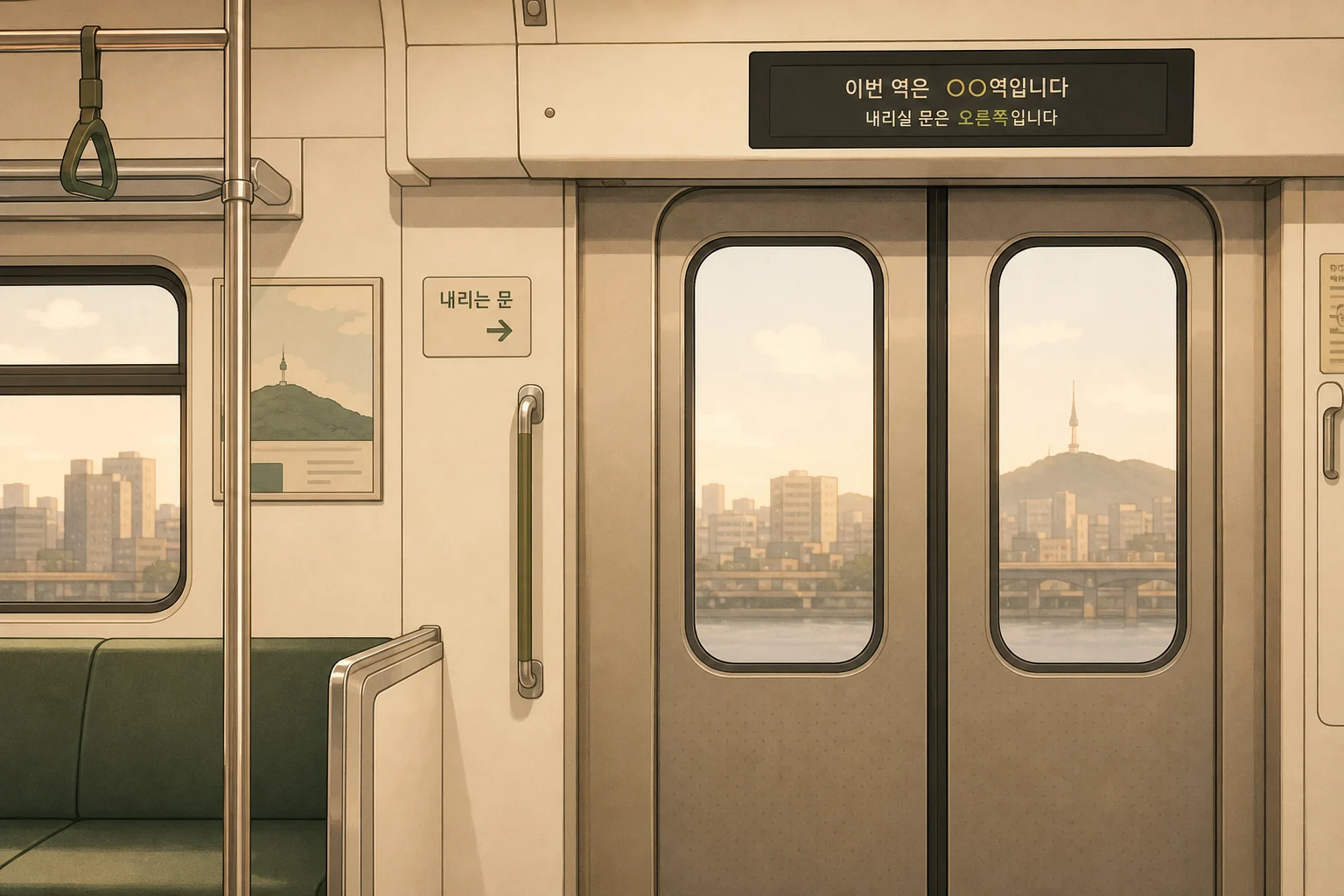 내리는 문 表示と地下鉄ドアのイラスト